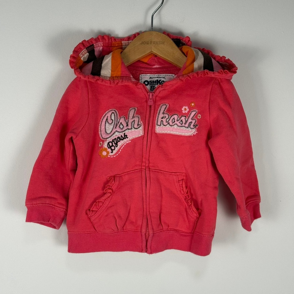 OshKosh Bgosh Girls Pink Full Zip Fleece Hoodie Embroidered Logo 12 Months